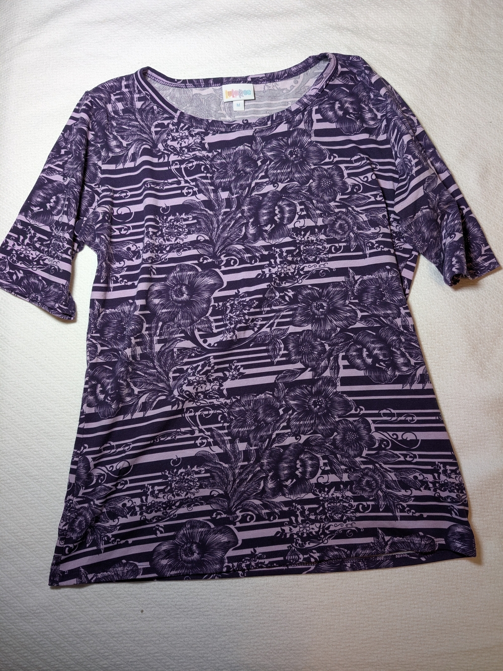 LuLaRoe Purple Floral & Stripe Short Sleeve Top